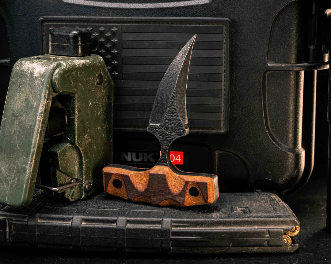 K9 Push Blade- Vintage Linen Micarta Two Tone Brown, CF Pins, Textured Flats, Textured Grip