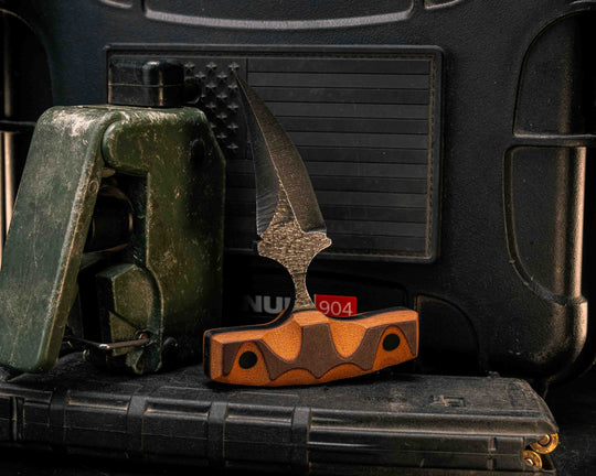 K9 Push Blade- Vintage Linen Micarta Two Tone Brown, CF Pins, Textured Flats, Textured Grip
