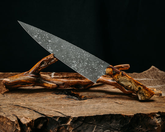 10" Chef Blade- Amboyna Burl, Brass Pins, Smooth Grip