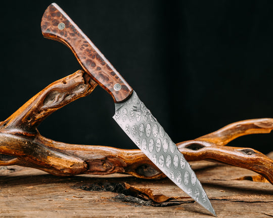 Pairing Knife- Redwood Burl, Mosaic Pins, Smooth Grip