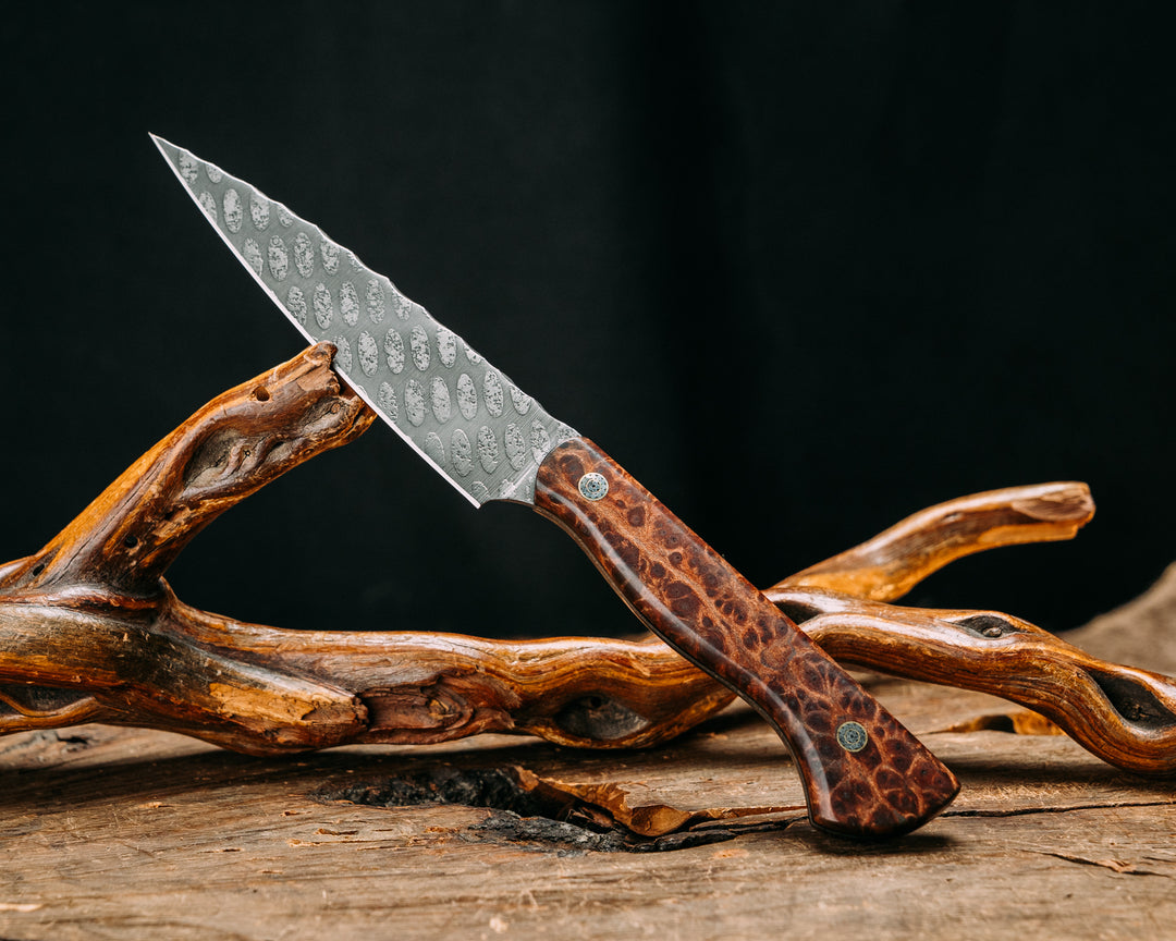 Pairing Knife- Redwood Burl, Mosaic Pins, Smooth Grip