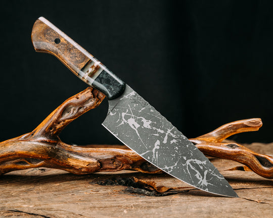 Chef Jr - Dyed Black Ash, Black G10 and Copper Pin Striping, Copper and White Tru-stone in Resin Split, Desert Ironwood, CF Pins, Smooth Grip