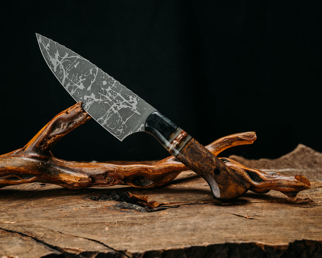 Chef Jr - Dyed Black Ash, Black G10 and Copper Pin Striping, Copper and White Tru-stone in Resin Split, Desert Ironwood, CF Pins, Smooth Grip