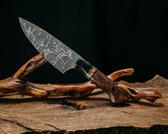 Chef Jr - Dyed Black Ash, Black G10 and Copper Pin Striping, Copper and White Tru-stone in Resin Split, Desert Ironwood, CF Pins, Smooth Grip