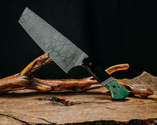 Nakiri- Black Burlap Micarta, Black G10, Brass and White G10 Split, Dyed Spalted Maple, Mosaic Pins, Smooth Grip
