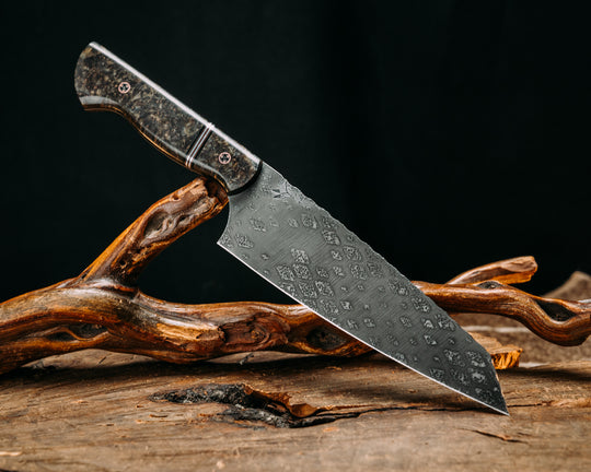 Santoku - Dyed Black Ash, Black G10, Copper and Aluminum Pin Striping, Mosaic Pins, Smooth Grip