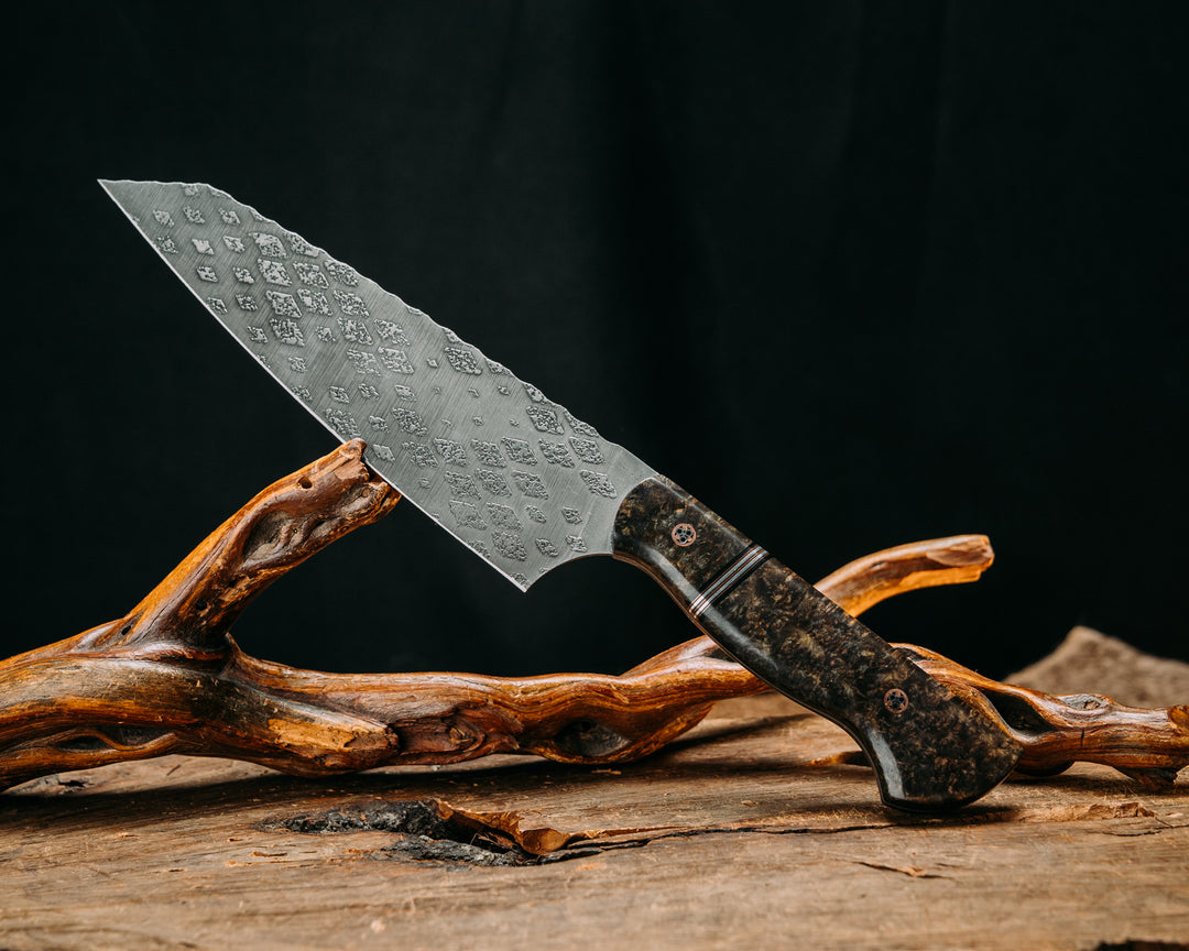 Santoku - Dyed Black Ash, Black G10, Copper and Aluminum Pin Striping, Mosaic Pins, Smooth Grip