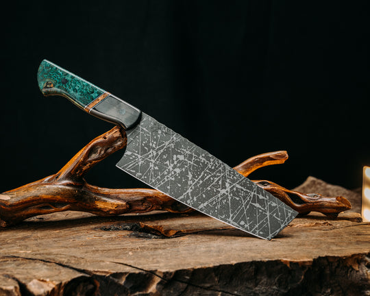 Nakiri- Waveless Carbon, Black G10, Aluminum and Black Ash Burl Split, Dyed Amboyna, Silver Pins, Smooth Grip