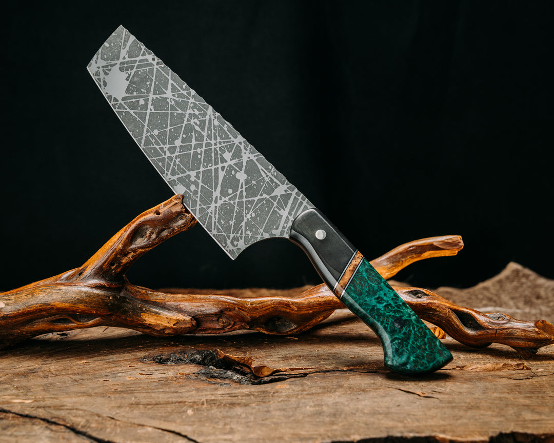 Nakiri- Waveless Carbon, Black G10, Aluminum and Black Ash Burl Split, Dyed Amboyna, Silver Pins, Smooth Grip