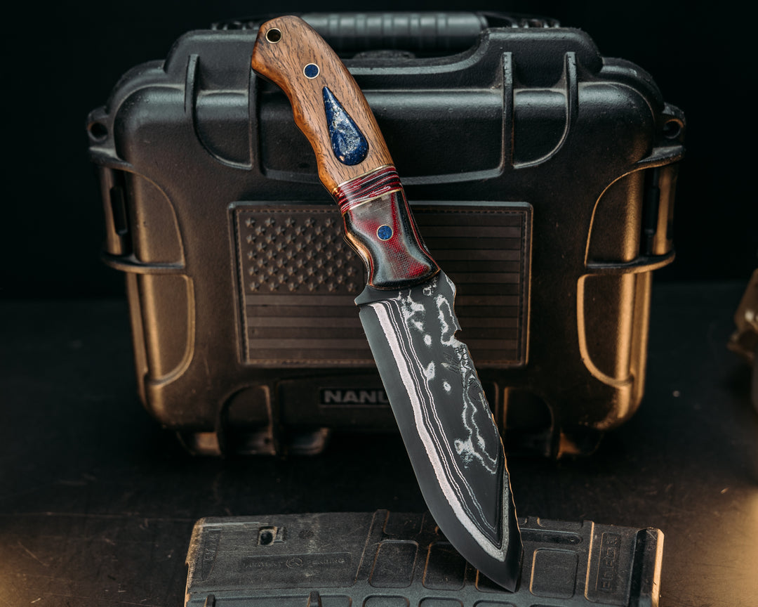 Notched Disaster Breacher- Sherman Tank SanMai- Geronimo Lapis Azuli stone Inlay from Abbottabad Pakistan, WWI,WWII,Vietnam & Modern SEAL Cammie Micarta, Brass/American Flag Micarta Split, White Oak from U.S.S. Constitution, Crushed Lapis in Brass Pins