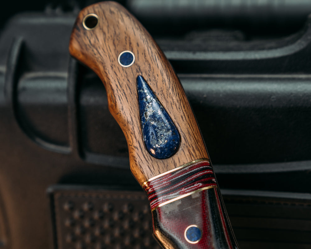 Notched Disaster Breacher- Sherman Tank SanMai- Geronimo Lapis Azuli stone Inlay from Abbottabad Pakistan, WWI,WWII,Vietnam & Modern SEAL Cammie Micarta, Brass/American Flag Micarta Split, White Oak from U.S.S. Constitution, Crushed Lapis in Brass Pins