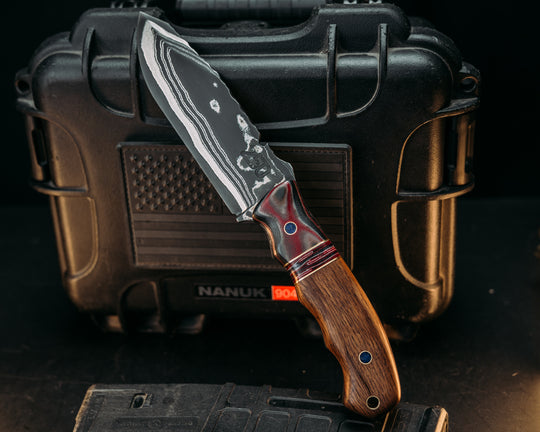 Notched Disaster Breacher- Sherman Tank SanMai- Geronimo Lapis Azuli stone Inlay from Abbottabad Pakistan, WWI,WWII,Vietnam & Modern SEAL Cammie Micarta, Brass/American Flag Micarta Split, White Oak from U.S.S. Constitution, Crushed Lapis in Brass Pins