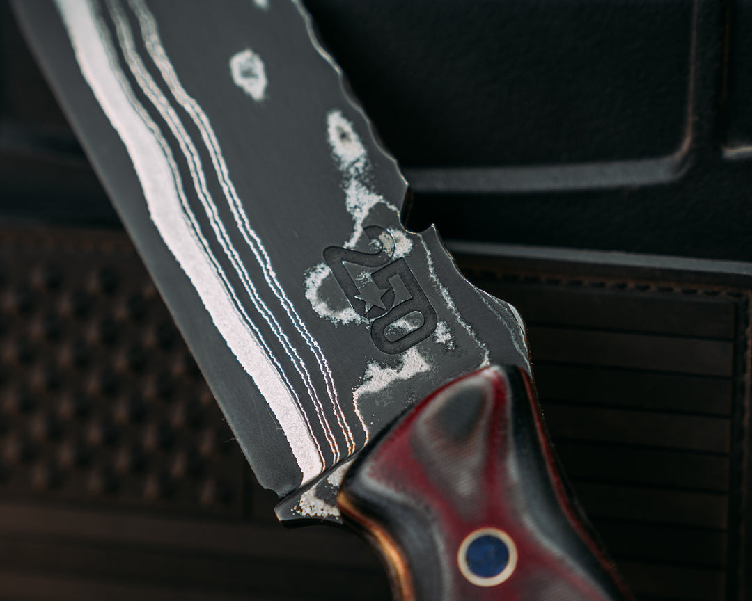 Notched Disaster Breacher- Sherman Tank SanMai- Geronimo Lapis Azuli stone Inlay from Abbottabad Pakistan, WWI,WWII,Vietnam & Modern SEAL Cammie Micarta, Brass/American Flag Micarta Split, White Oak from U.S.S. Constitution, Crushed Lapis in Brass Pins