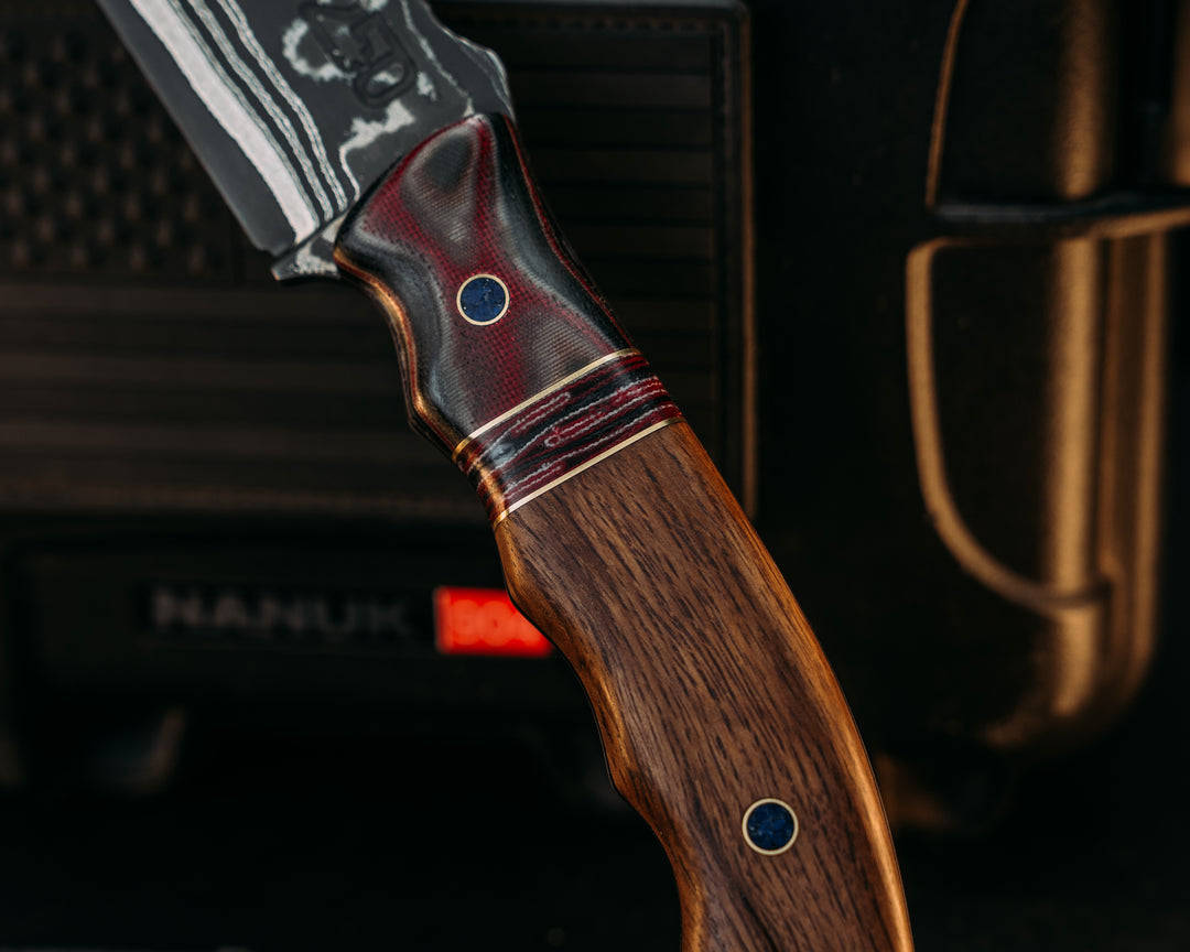 Notched Disaster Breacher- Sherman Tank SanMai- Geronimo Lapis Azuli stone Inlay from Abbottabad Pakistan, WWI,WWII,Vietnam & Modern SEAL Cammie Micarta, Brass/American Flag Micarta Split, White Oak from U.S.S. Constitution, Crushed Lapis in Brass Pins