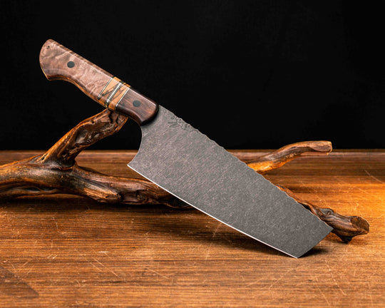 Nakiri- Desert Ironwood, Black G10, Brass and Earth G10 Pin Striping, Spalted Maple Split, Curly Maple, CF Pins, Smooth Grip