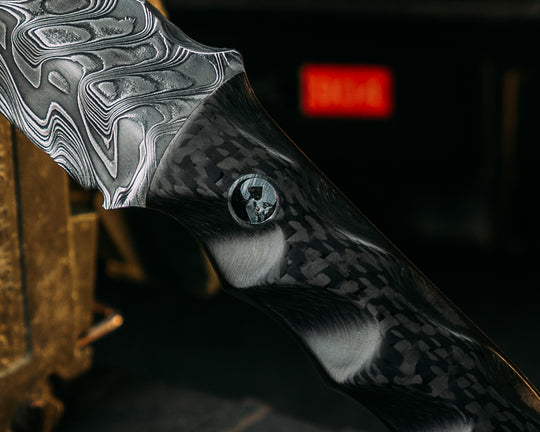 Disaster Cub- Baker Forge Random Pattern Stainless Damascus- Carbon- Death Spade Pins, Aluminum Lanyard Pin, Textured Grip