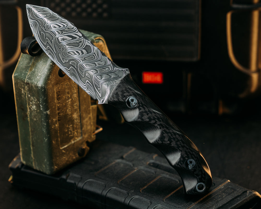 Disaster Cub- Baker Forge Random Pattern Stainless Damascus- Carbon- Death Spade Pins, Aluminum Lanyard Pin, Textured Grip