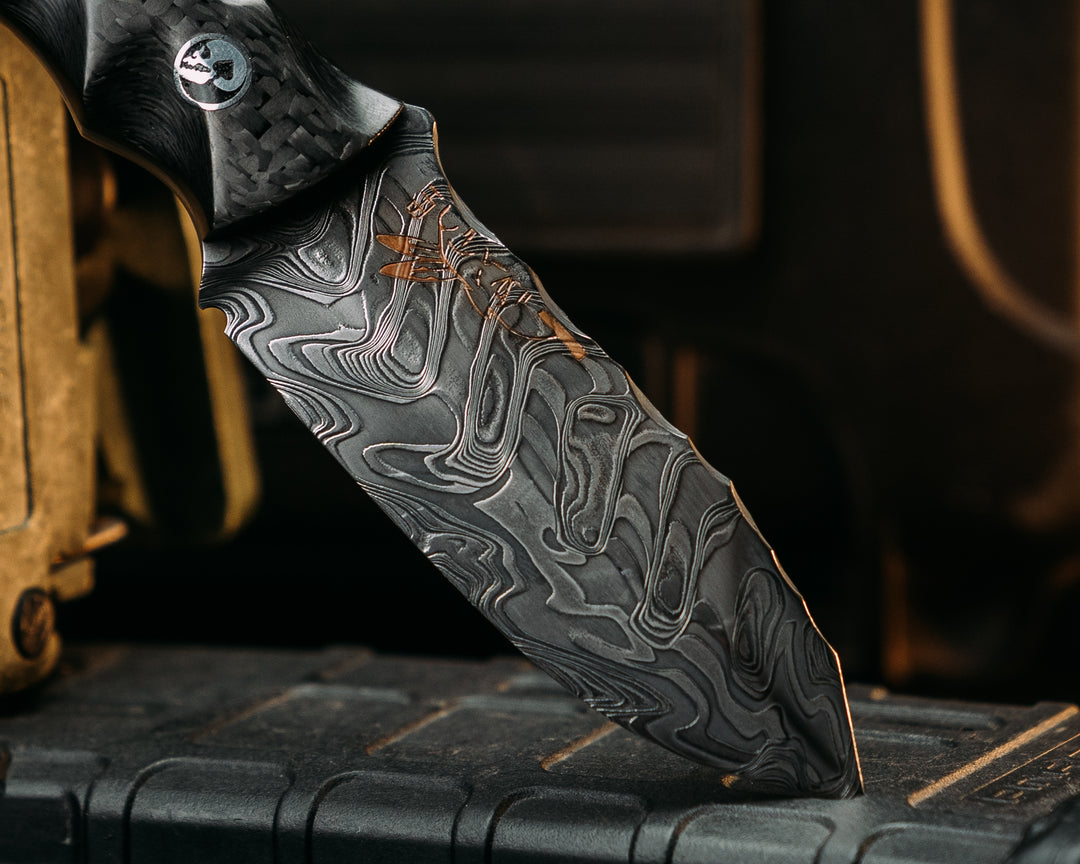 Disaster Cub- Baker Forge Random Pattern Stainless Damascus- Carbon- Death Spade Pins, Aluminum Lanyard Pin, Textured Grip