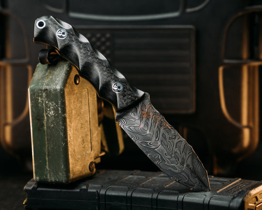 Disaster Cub- Baker Forge Random Pattern Stainless Damascus- Carbon- Death Spade Pins, Aluminum Lanyard Pin, Textured Grip