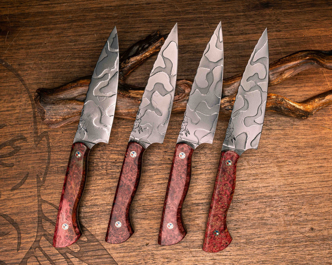 Steak Knife Set (4 piece)- Dyed Box Elder, Patriot Mosaic Pins, Smooth Grip