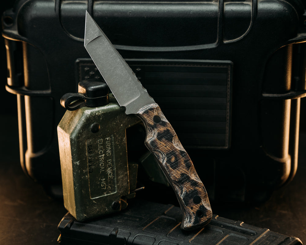 Boogeyman Tanto Compound Grind- Leopard Print Micarta, CF Pins, Textured Grip