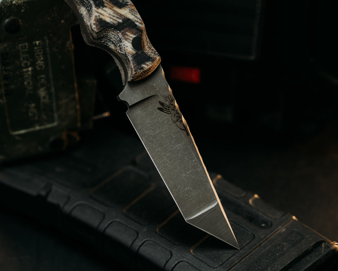 Boogeyman Tanto Compound Grind- Leopard Print Micarta, CF Pins, Textured Grip