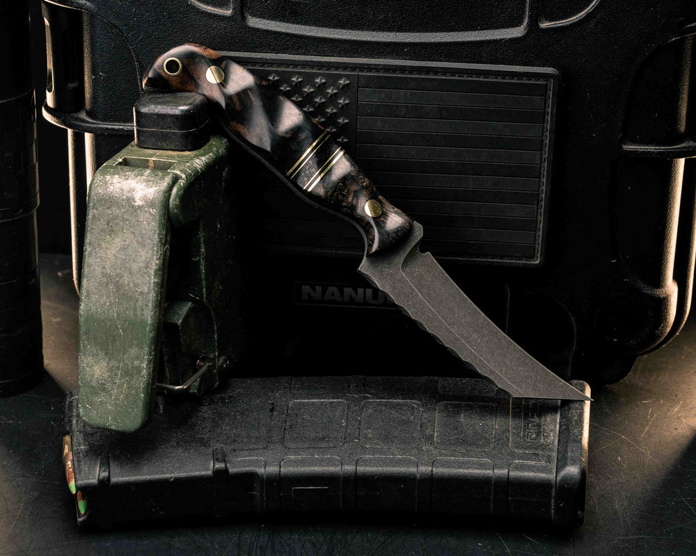 Draugr- Dyed Spalted Birch, Black G10 and Brass Pin Striping, Black Canvas Micarta Split, Black and White Ebony, Brass Pins, Brass Lanyard Pin, Textured Grip