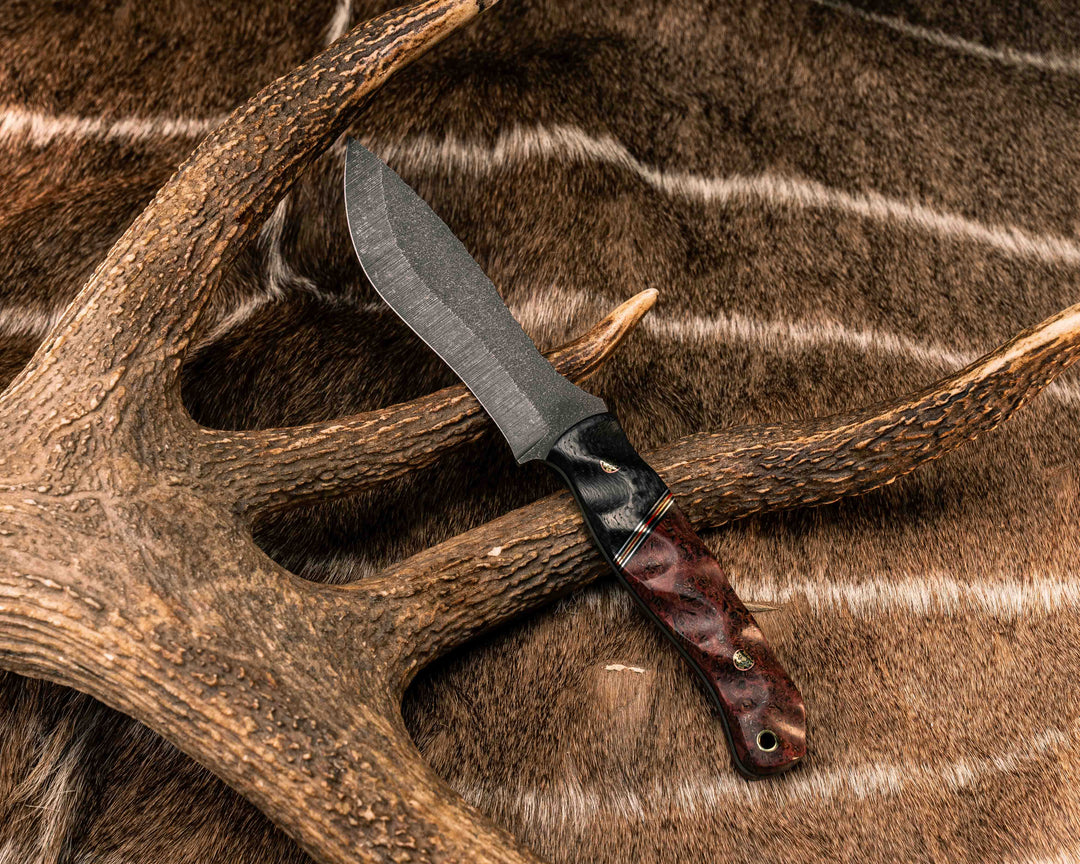 Modified Skinner - Carbon, Black G10, Aluminum, Brass and Cherry G10 Split, Dyed Black Ash Burl, Mosaic Pins, Brass Lanyard Pin, Textured Grip