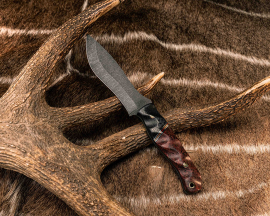 Modified Skinner - Carbon, Black G10, Aluminum, Brass and Cherry G10 Split, Dyed Black Ash Burl, Mosaic Pins, Brass Lanyard Pin, Textured Grip