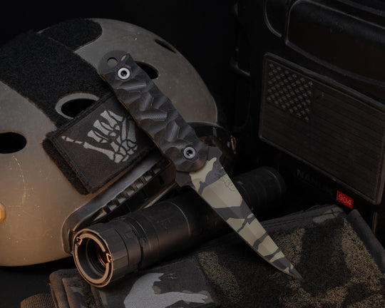 Combat Filet - Black G10, Tiger Stripe Cerakote, Allen Bolts, Textured Grip