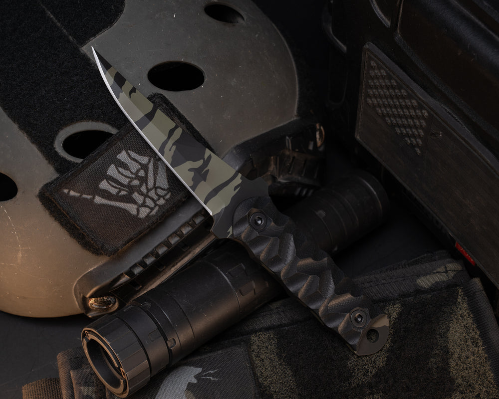 Combat Filet - Black G10, Tiger Stripe Cerakote, Allen Bolts, Textured Grip