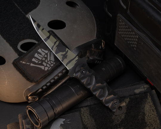 Combat Filet - Black G10, Tiger Stripe Cerakote, Allen Bolts, Textured Grip