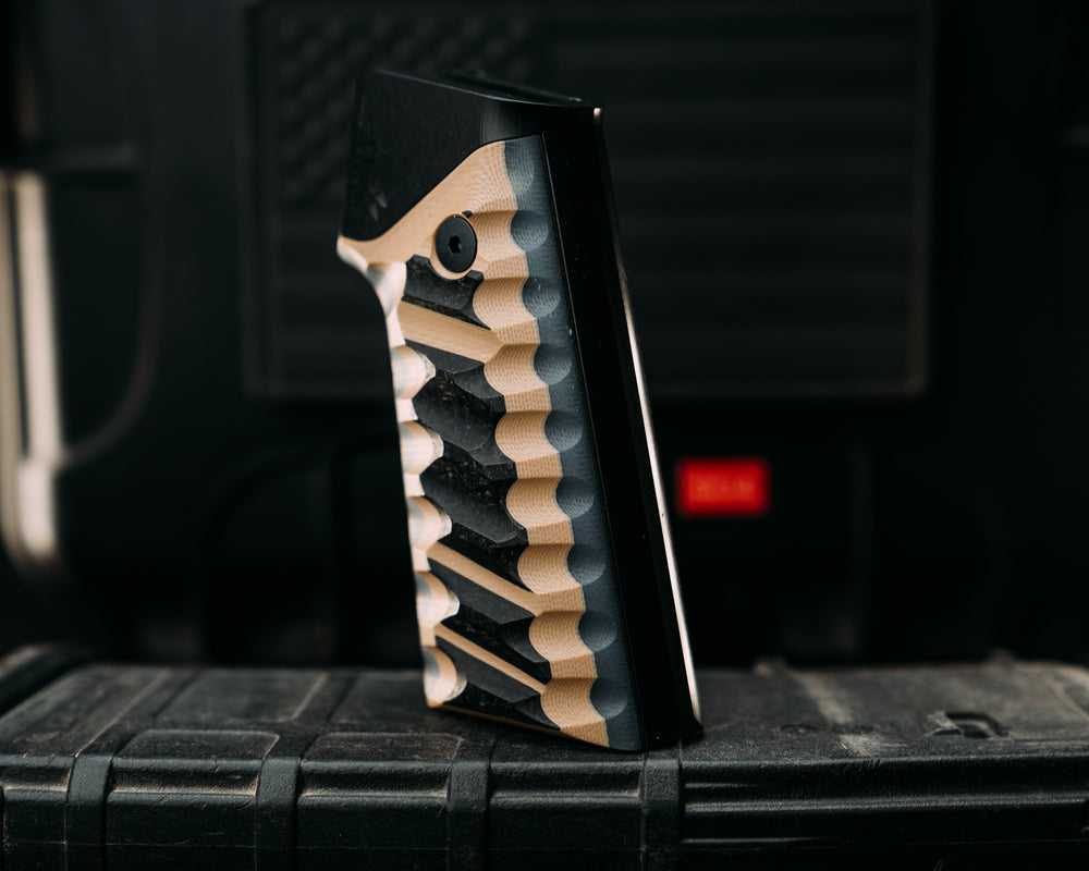 HFB x Kinetic AR Grip System - Coyote, Gray & Black G10, Black Anodization, Snake Grip