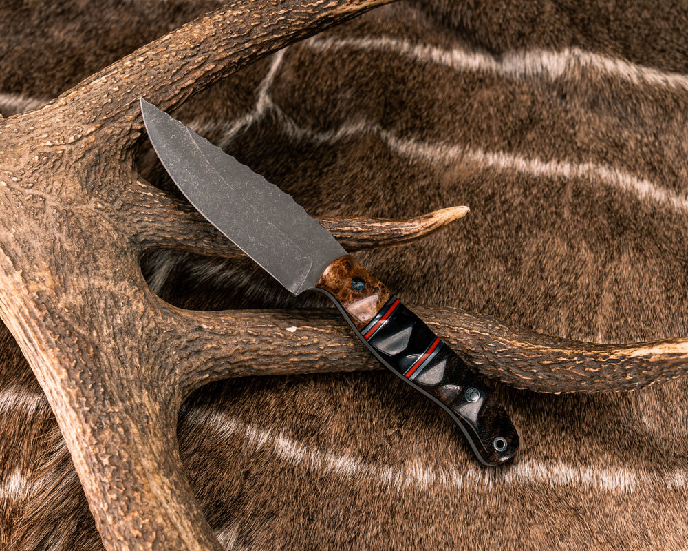 Crow Jr- Amboyna Burl, Black G10, Aluminum and Cherry G10 Pin Striping, Bison Horn Split, Hawaiian Curly Koa, Mosaic Pins, Aluminum Lanyard Pin, Textured Grip