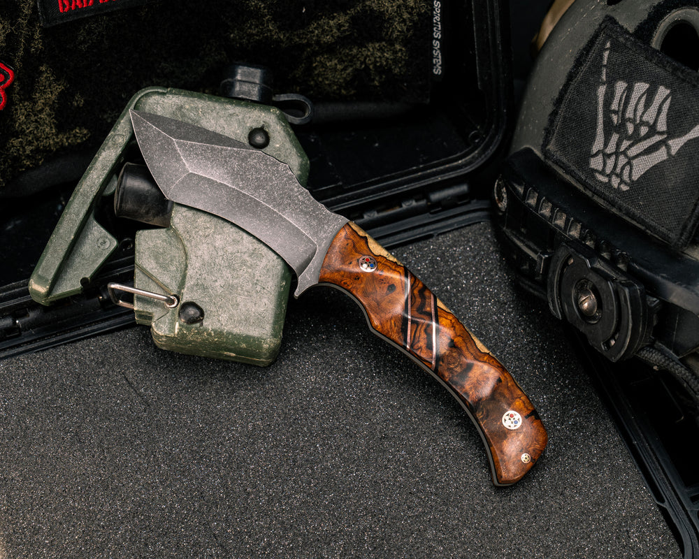 Buteo- Desert Ironwood, Black G10 and Copper Pin Striping, Desert Ironwood Split, Copper Patriot Mosaic Pins, 1/8" Mosaic Pin, Textured Grip