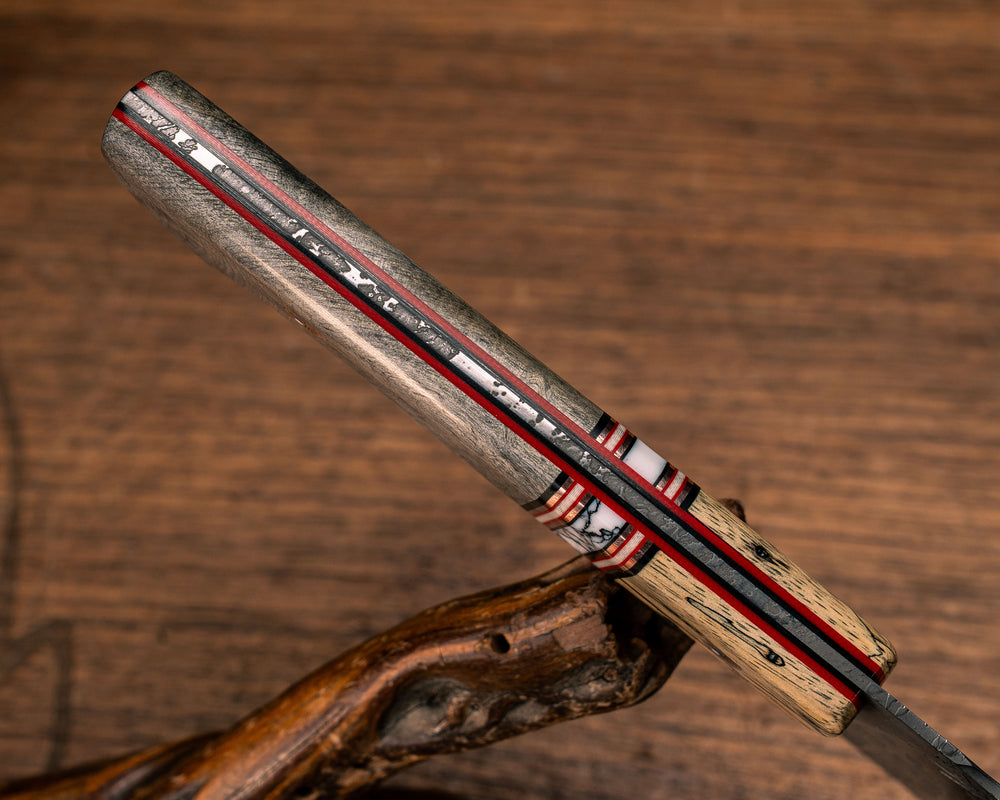 10" Chef Blade- Spalted Maple, Black G10, Copper, Cherry G10 and White G10 Pin Striping, White Turquoise with Black Web Tru-stone Split, Buckeye, Copper Patriot Mosaic Pins, Smooth Grip