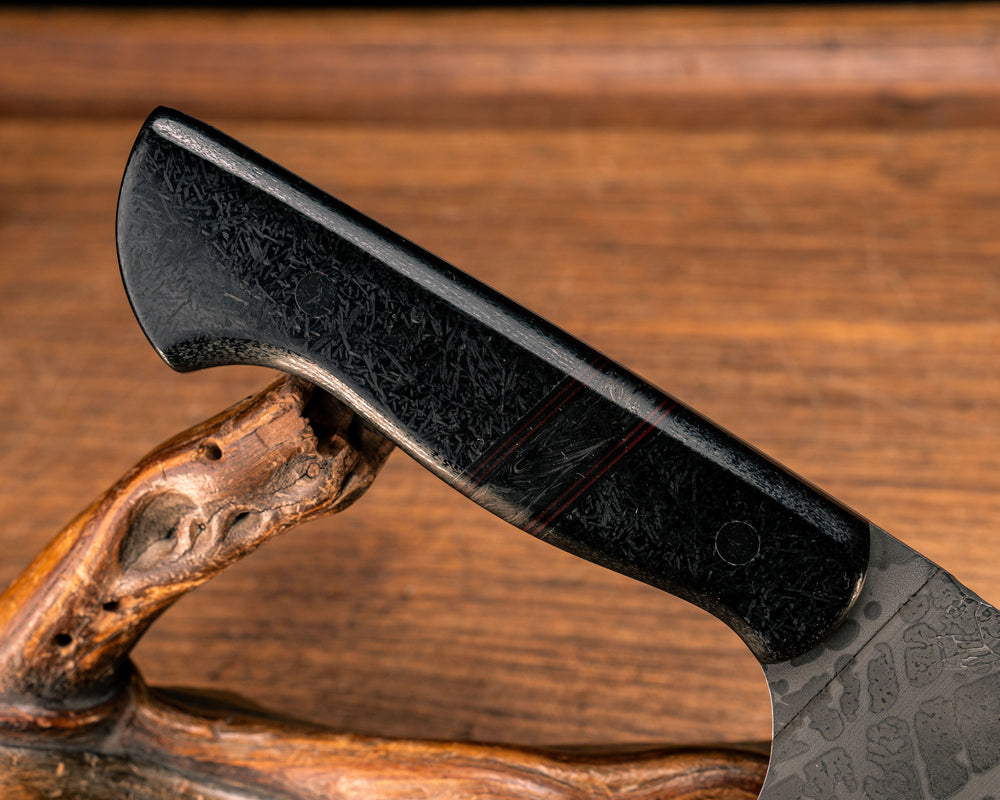 Santoku- Cosmos Black Glass Carbon, Black G10 and Red G10 Pin Striping, Black Dark Matter Carbon Split, CF Pins, Smooth Grip