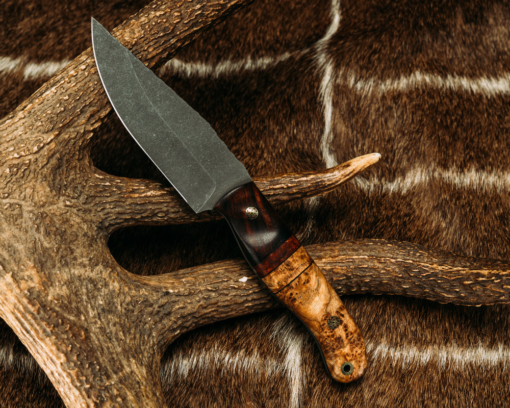 Crow Jr- Desert Ironwood, Black G10, Pin Striping, Desert Ironwood and Black Ash Burl Split, Black Ash Burl, Mosaic Pins, Brass Lanyard Pin, Textured Grip