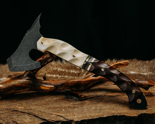 Warbird, Feather Light, Skinner Jr. Set- Giraffe Bone, Black G10 and Brass Pin Striping, Red, White and Blue Canvas Micarta Split, Brass Patriot Pins, Brass Lanyard Pin (Feather Light Only), Textured Grip