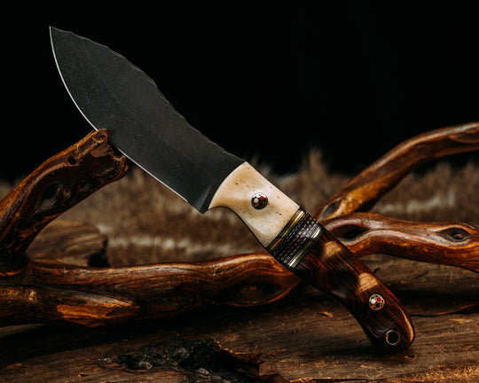 Warbird, Feather Light, Skinner Jr. Set- Giraffe Bone, Black G10 and Brass Pin Striping, Red, White and Blue Canvas Micarta Split, Brass Patriot Pins, Brass Lanyard Pin (Feather Light Only), Textured Grip