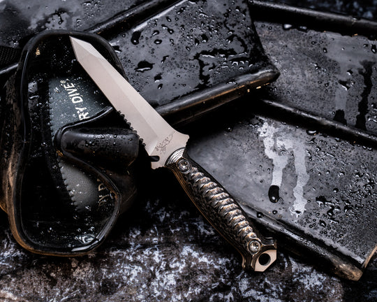 Dive Knife Tanto- Stainless Steel Dragon Strike Carbon, Steel Grey Cerakote, Ti Torx Bolts, Textured Grip