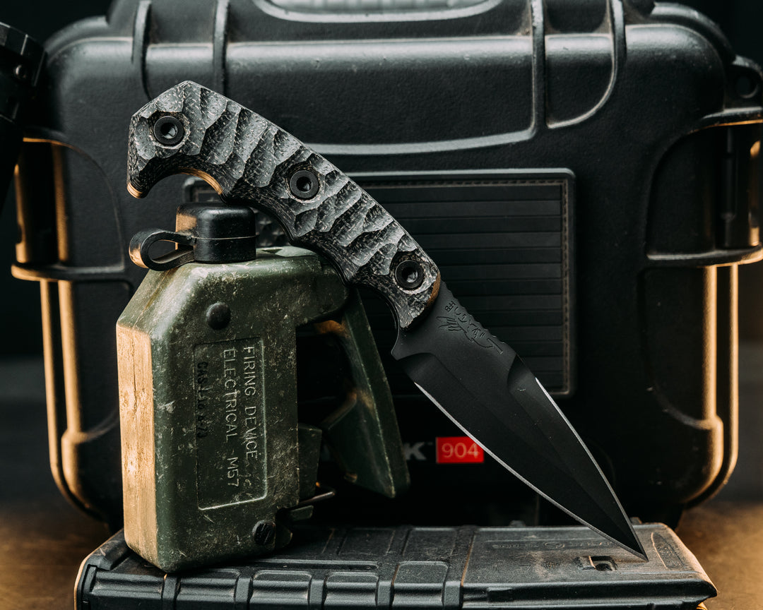 4" HUMINT - Black Burlap Micarta, Armor Black Cerakote, Allen Bolts, Textured Grip