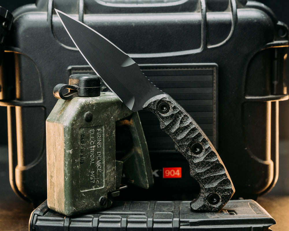 4" HUMINT - Black Burlap Micarta, Armor Black Cerakote, Allen Bolts, Textured Grip