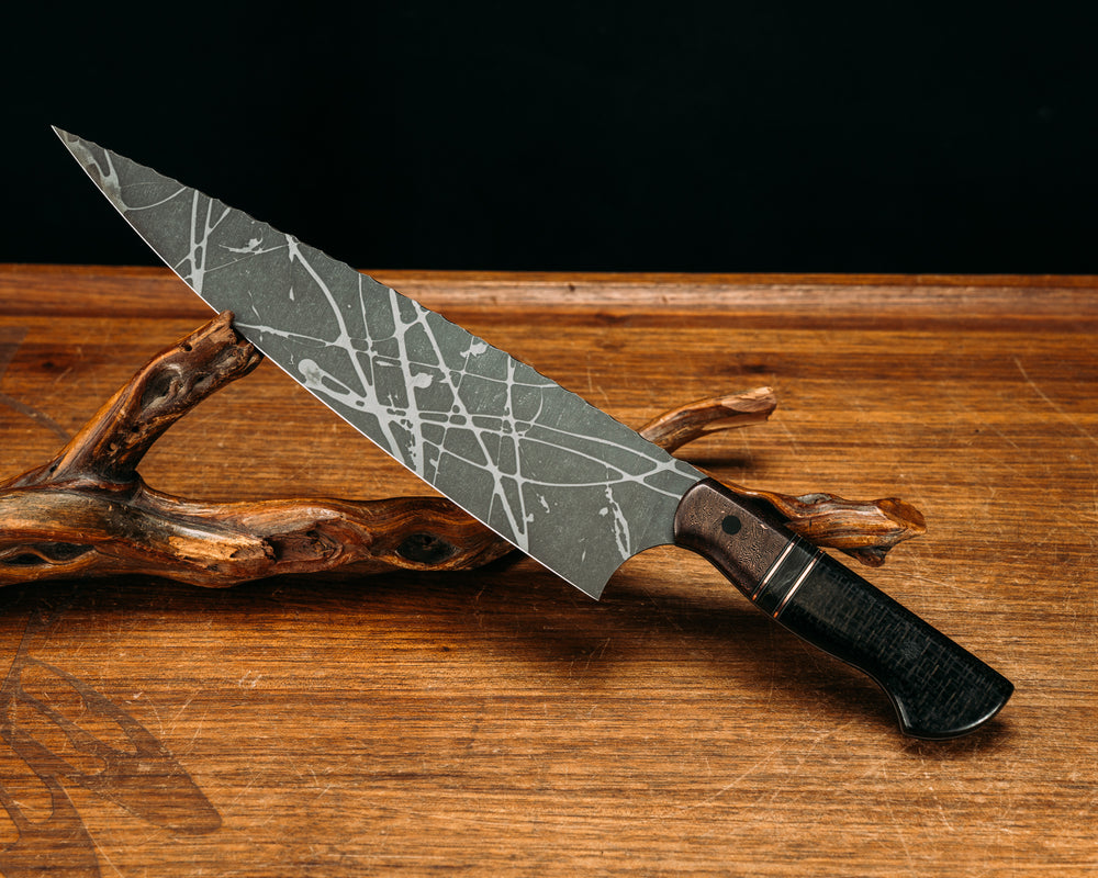 10" Chef Blade- Copper Space Coral Carbon, Black G10, Grey G10 and Copper Pin Striping, Jungle Wear Carbon Split, Black Burlap Micarta, CF Pins, Smooth Grip