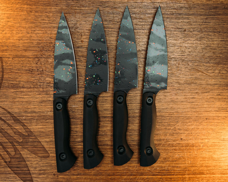 Steak Knife Set (4 Pcs) - Black G10, 80's Tiger Stripe Splatter Cerakote, Allen Bolts, Smooth Grip