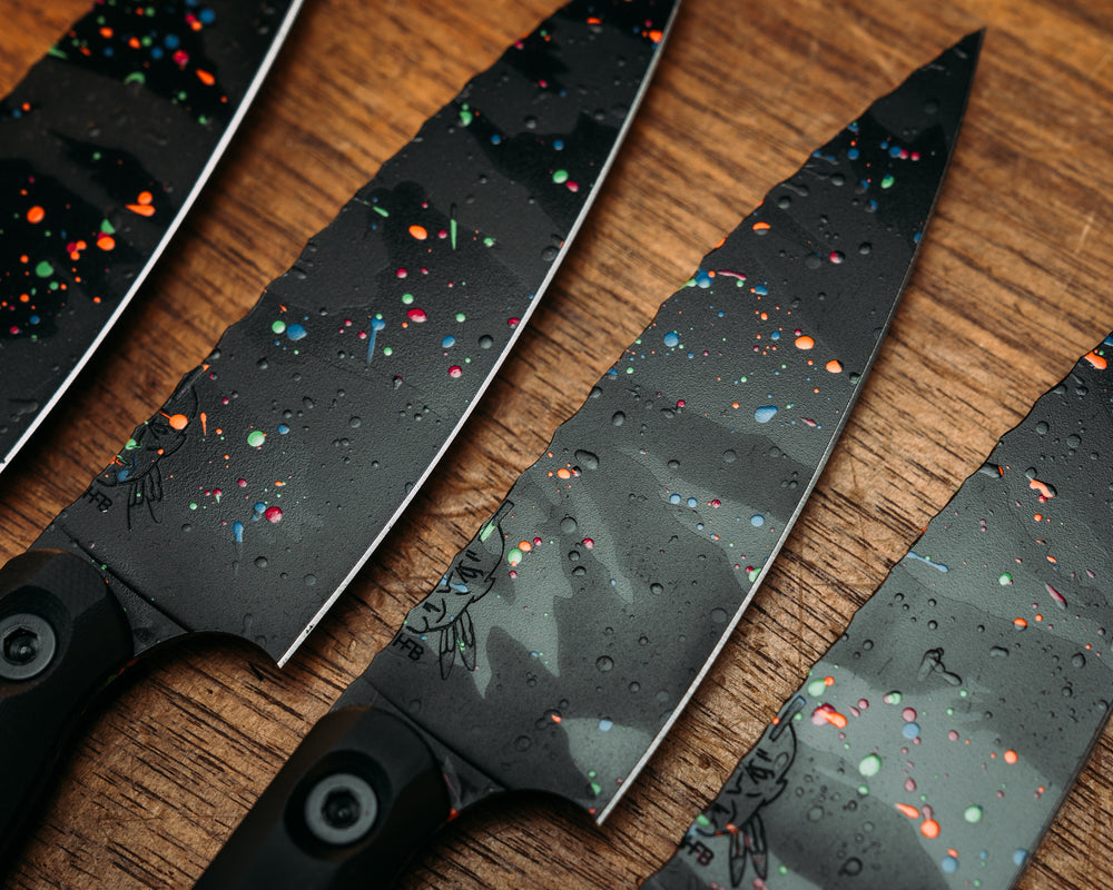 Steak Knife Set (4 Pcs) - Black G10, 80's Tiger Stripe Splatter Cerakote, Allen Bolts, Smooth Grip