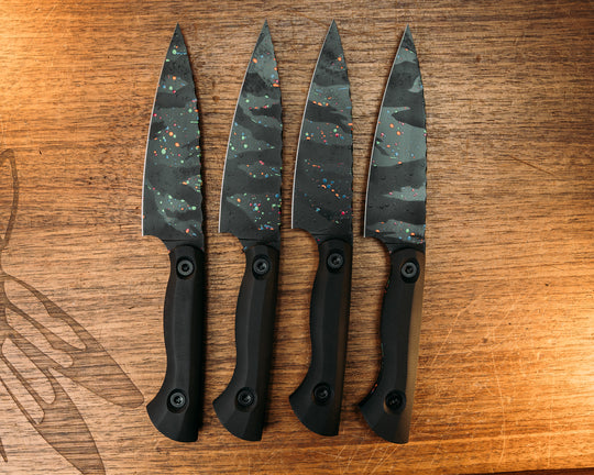 Steak Knife Set (4 Pcs) - Black G10, 80's Tiger Stripe Splatter Cerakote, Allen Bolts, Smooth Grip