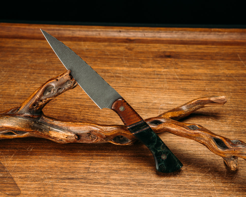 Pairing Knife- Hawaiian Curly Koa, Black G10, Grey G10 and Copper Pin Striping, Green Dark Matter Carbon Split, Dyed Redwood, Mosaic Pins, Smooth Grip