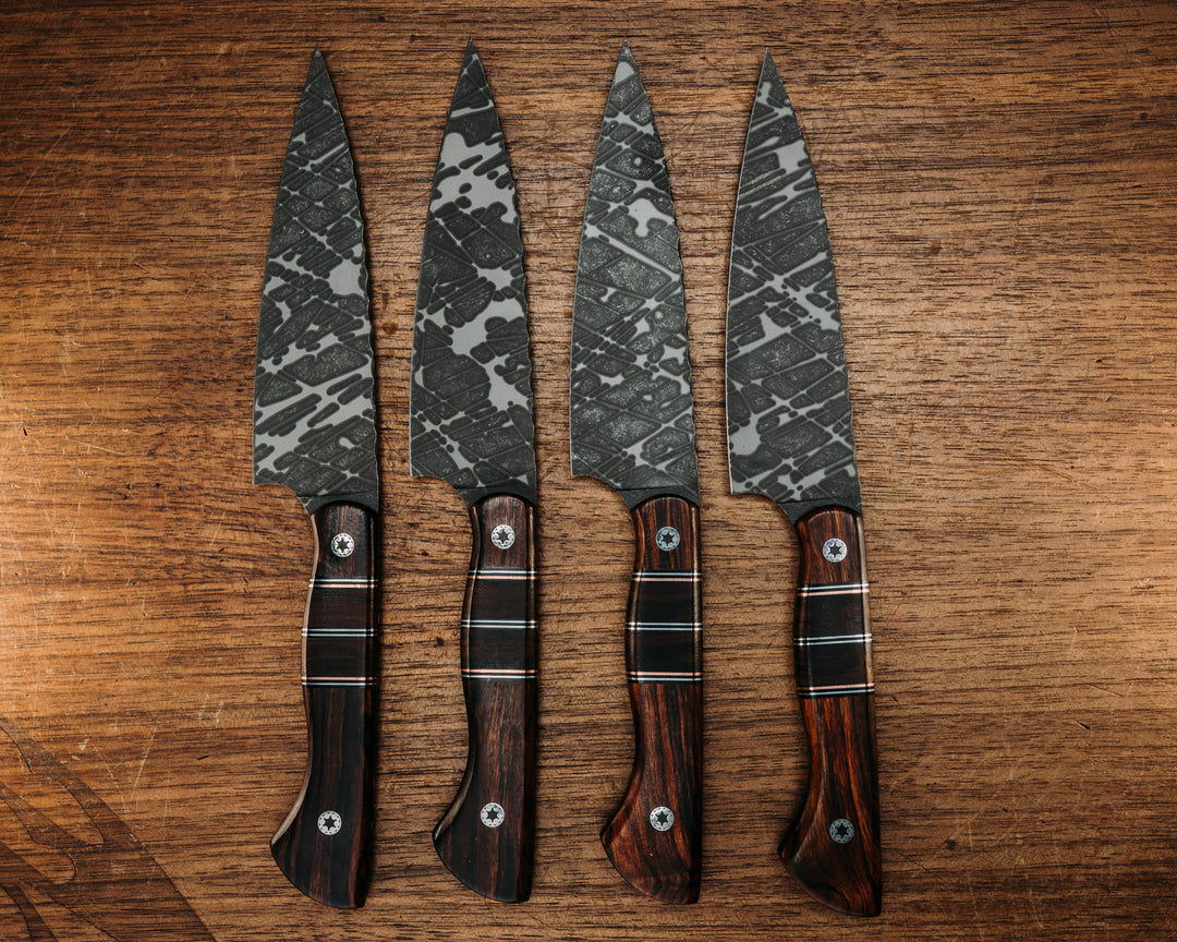 Steak Knife Set (4 Pc) - Desert Ironwood, Black G10 w/ Copper & Aluminum Pin Striping, Desert Ironwood Splits,, Mosaic Pins, Smooth Grip.