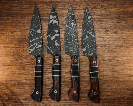 Steak Knife Set (4 Pc) - Desert Ironwood, Black G10 w/ Copper & Aluminum Pin Striping, Desert Ironwood Splits,, Mosaic Pins, Smooth Grip.